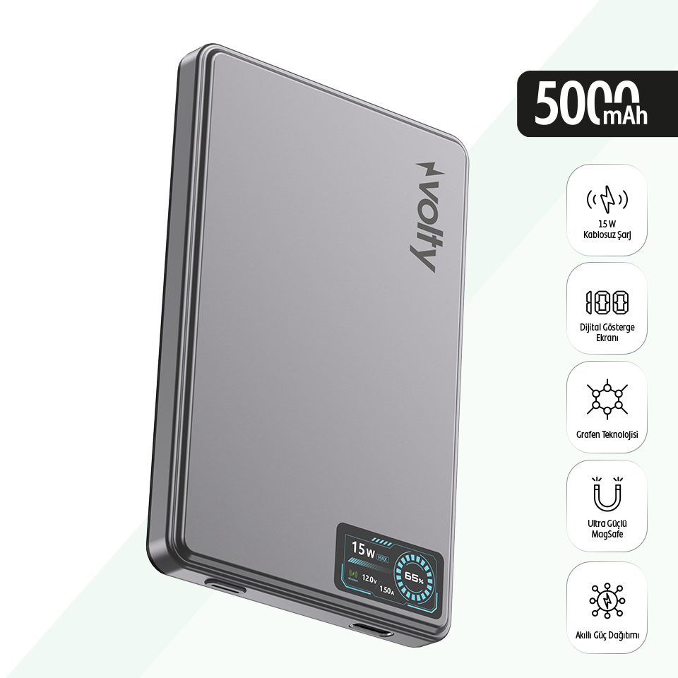 Volty MagSafe Powerbank 5000 mAh | 15W Kablosuz, 20W PD Hızlı Şarj, Dijital Ekran, 115g (V0601001)