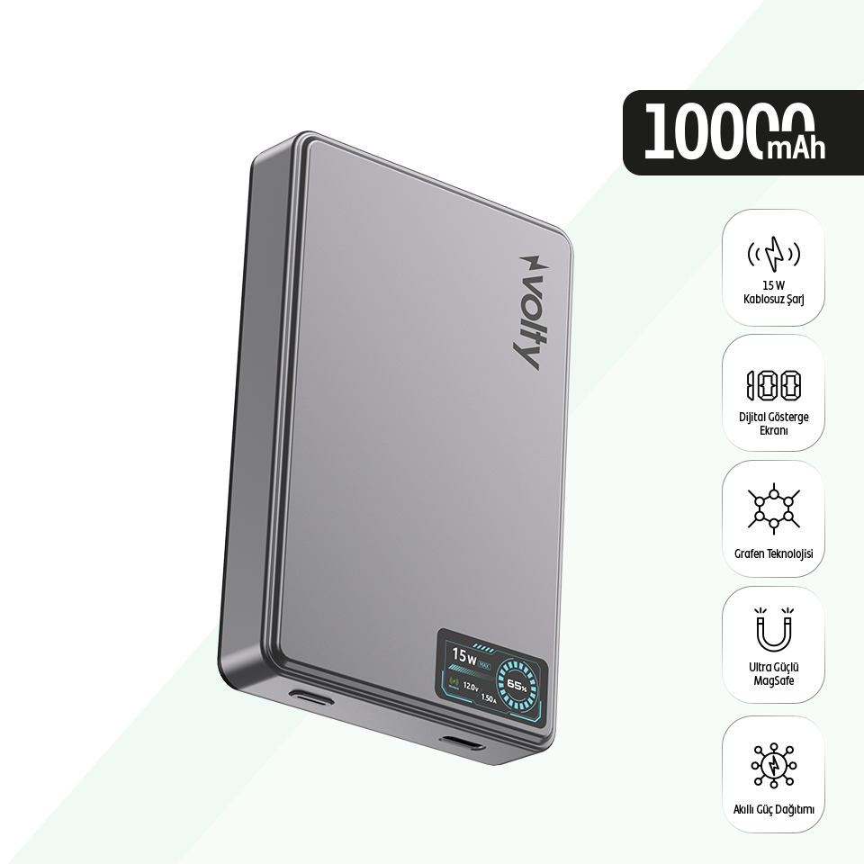Volty MagSafe Powerbank 10000 mAh | 15W Kablosuz, 20W PD Hızlı Şarj, Dijital Ekran, 192g (V0601002)