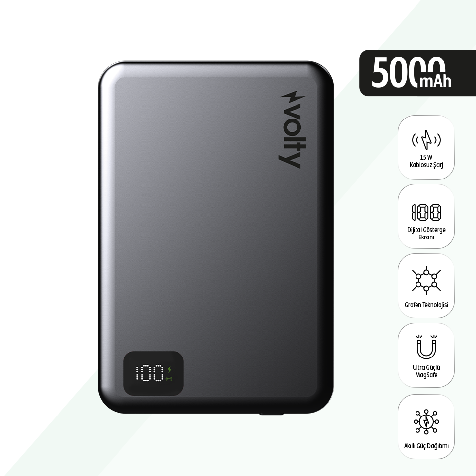 Volty MagSafe Powerbank 5000 mAh | 15W Kablosuz, 20W PD Hızlı Şarj, Dijital Ekran, 108g (V0601003)