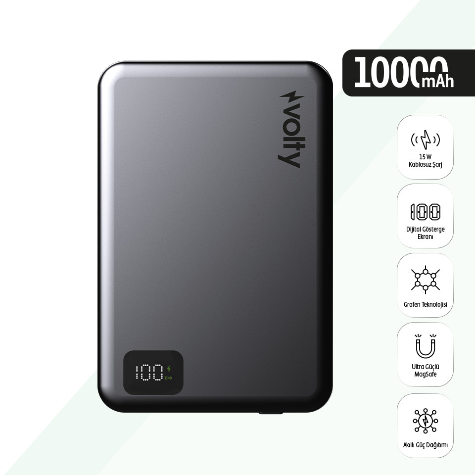 Volty MagSafe Powerbank 10000 mAh | 15W Kablosuz, 20W PD Hızlı Şarj, Dijital Ekran, 180g (V0601004)